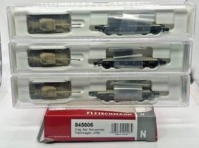 845606 Fleischmann N Scale 3 Set Heavy Duty Flat Wagon Tank Original Box Rare