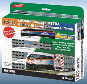 106-8701 Kato 949727678559 N Scale Chicago Metra Mp36ph With Dcc Gallery Bi-level 4 Unit Set