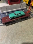 Rare Postwar Lionel 6406 Maroon Flat Car W/ Kelly Green Auto Gray Bumper Replica. Fixed Price $99.99.