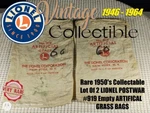 Rare 1950'S Collectable Lot Of 2 Lionel Postwar #919 Empty Artifical Grass Bags. Fixed Price $9.99.