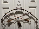 Native American Bow And Set 26" Long W/2 Feathers Beads Leather. Fixed Price $66.95.