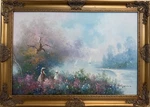 Large Impressionist Landscape Oil Painting Signed Bachmann Lakeside Garden. Fixed Price $950.00.