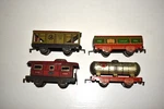 4 Prewar 1930S Marx Train Wheel Freight Cars Tab & Slot Couplers Tin Litho. Fixed Price $25.00.