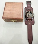Sun Dial Leather Watch Brass Compass Antique Gold Lustre Wooden Box. Fixed Price $81.54.