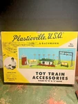 Vintage 1950 Plasticville & Gauge Toy Train Accessories Set #5400-298. Fixed Price $99.00.