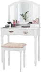 Elegant White Vanity Set With Tri-folding Mirror, 4 Drawers & Cushioned Stool. Fixed Price $200.99.