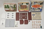 Vintage Plasticville Lot Log Cabin 1303-59 Church 2604-100 People W/color PF-4. Fixed Price $42.50.