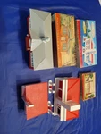 3 Vintage Plasticville Buildings With Boxes School Television Station Gas. Fixed Price $40.00.