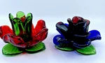 Vtg Cobalt Blue Red Floral Murano Art Glass Tulip Candle Stick Holders. Fixed Price $97.00.