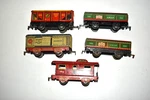 5 Prewar 1930S Marx Train 4 Wheel Freight Cars Tab & Slot Couplers Tin Litho. Fixed Price $35.00.